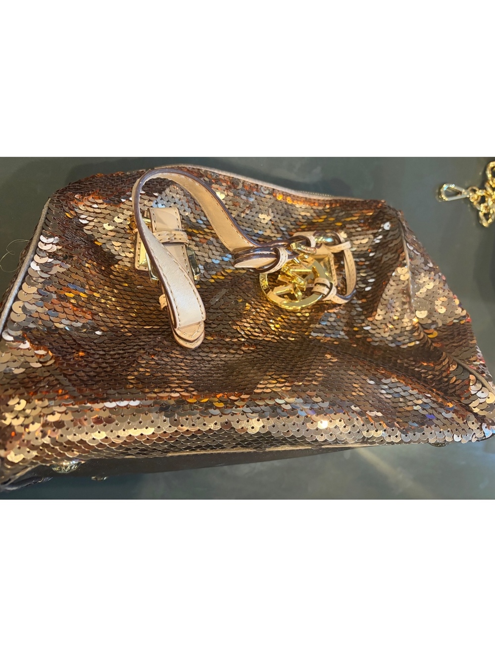 Michael Kors Sequin Satchel Handbag with Leather Accents